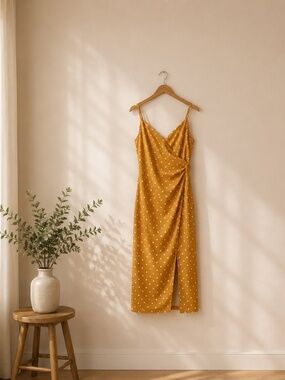 Dynamite Yellow Polka Dot Midi Dress Small ☀️ Mustard Wrap Slit Dress